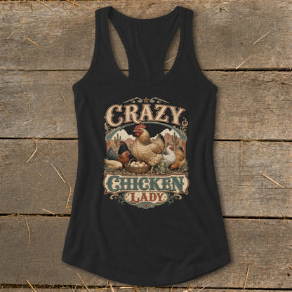 Black tank top with "Crazy Chicken Lady" graphic featuring chickens and a desert landscape.