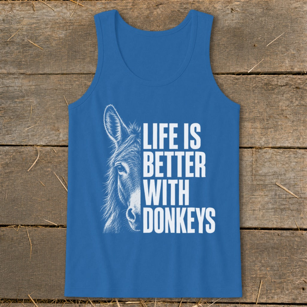 Blue tank top with white donkey graphic and text "Life is Better With Donkeys."