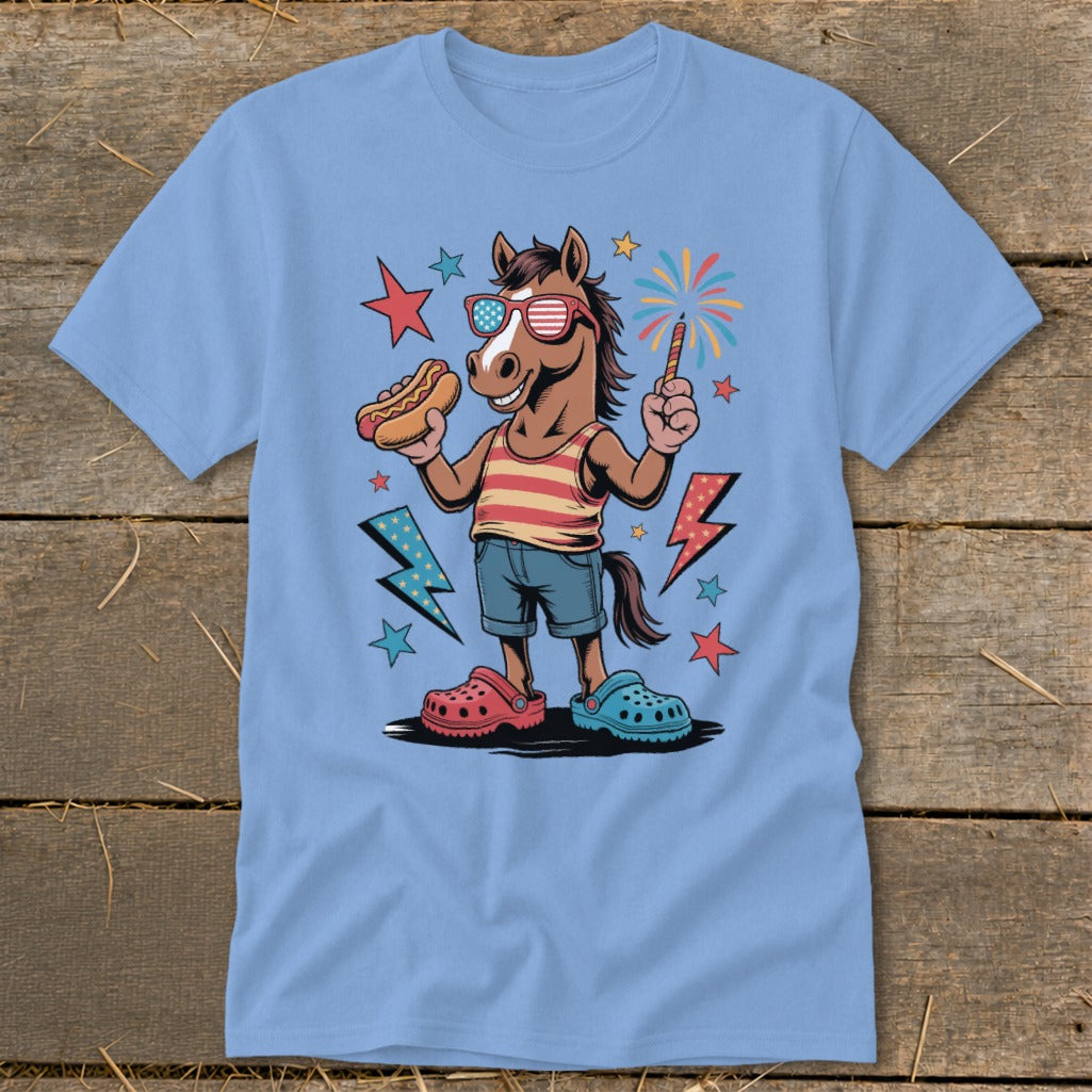 Cartoon horse in sunglasses, holding hot dog and sparkler, with patriotic decorations.