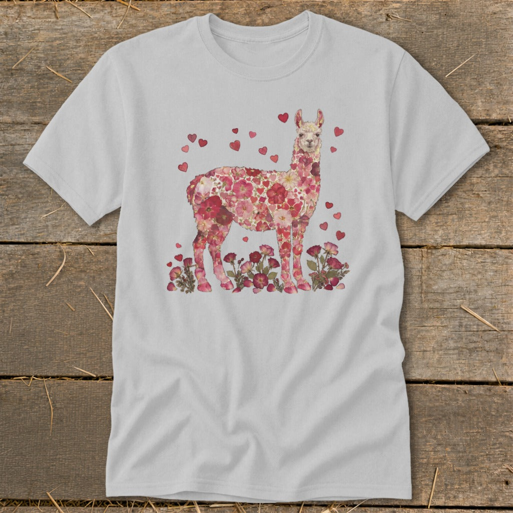 Gray t-shirt with floral llama design and scattered hearts.