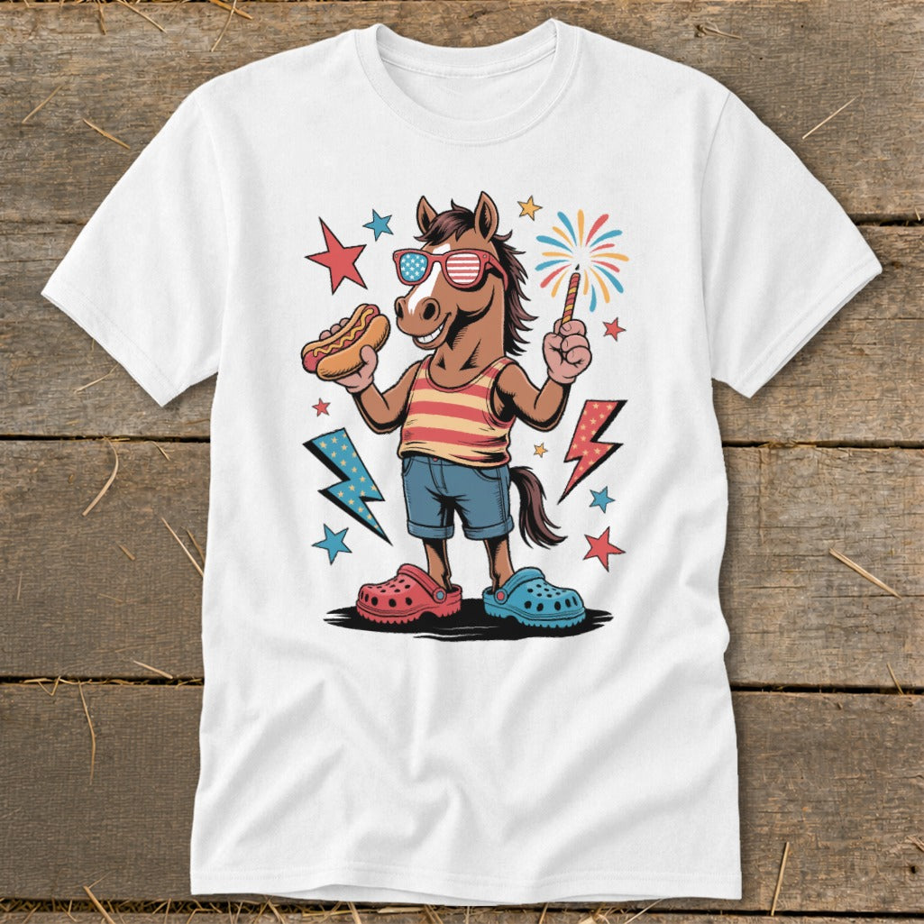 Cartoon horse in sunglasses holding hot dog and sparkler, wearing striped shirt and denim shorts.