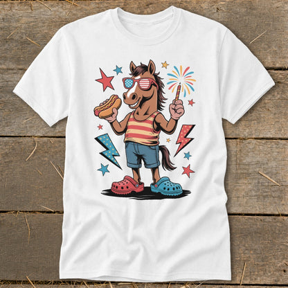 Cartoon horse in sunglasses holding hot dog and sparkler, wearing striped shirt and denim shorts.