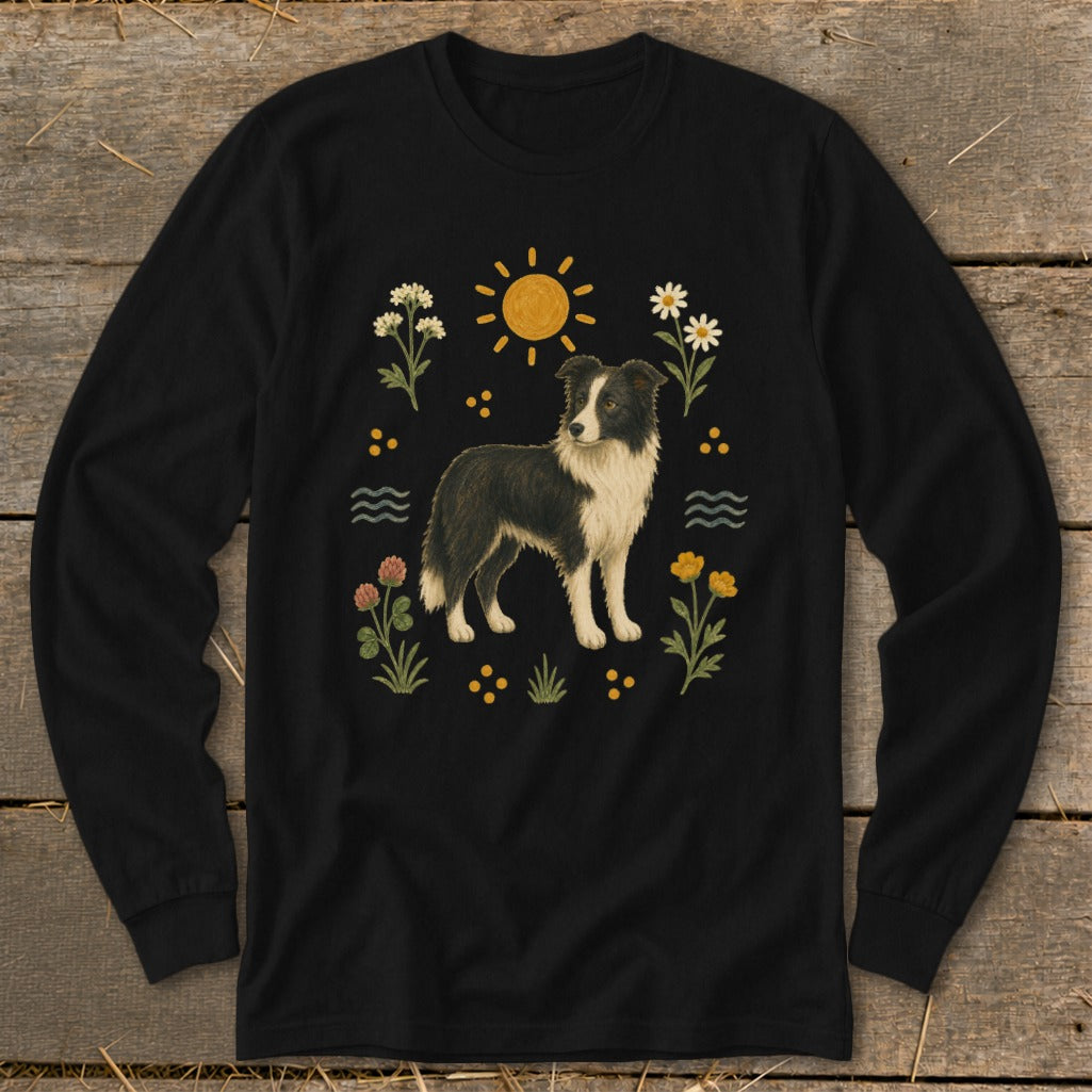 Black long-sleeve shirt with Border Collie and floral illustration.