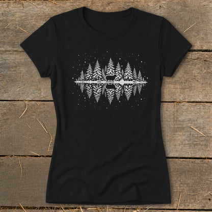 Black t-shirt with white graphic of pine trees, guitar, and stars reflected in water.