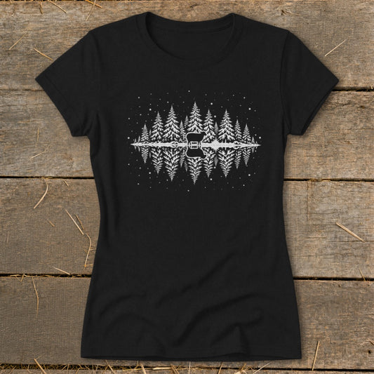 Black t-shirt with white graphic of pine trees, guitar, and stars reflected in water.
