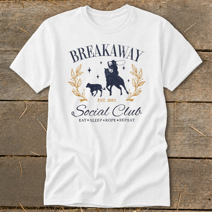 White t-shirt with "Breakaway Social Club" text and rodeo graphic.