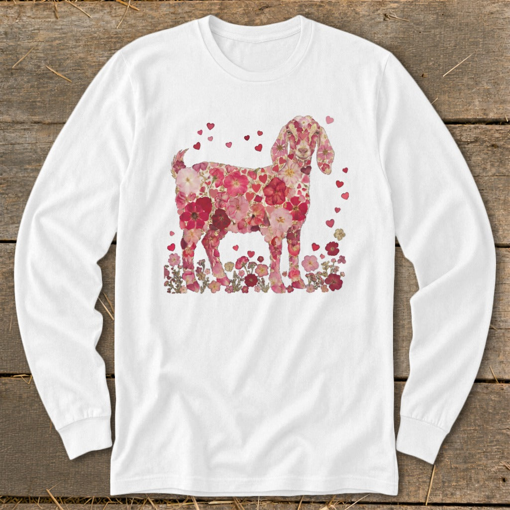 White long-sleeve shirt featuring a goat silhouette made of pink and red flowers.