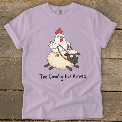 Chicken riding a sheep with text "The Cavalry Has Arrived"