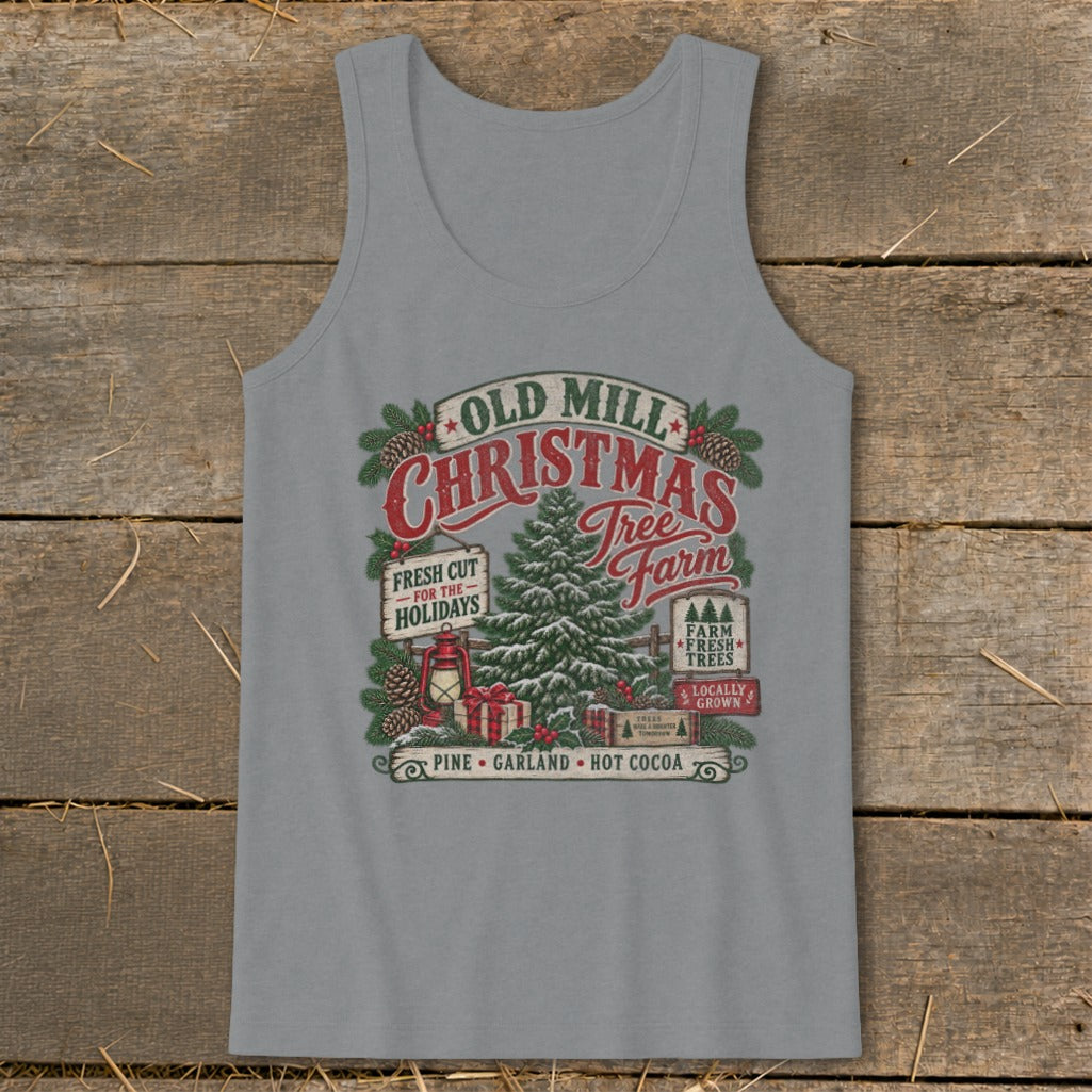 Old Mill Christmas Tree Farm graphic with festive elements.