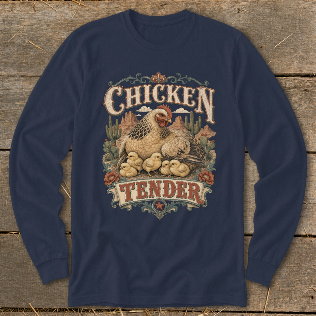 Graphic of a hen and chicks with "Chicken Tender" text in a desert landscape.