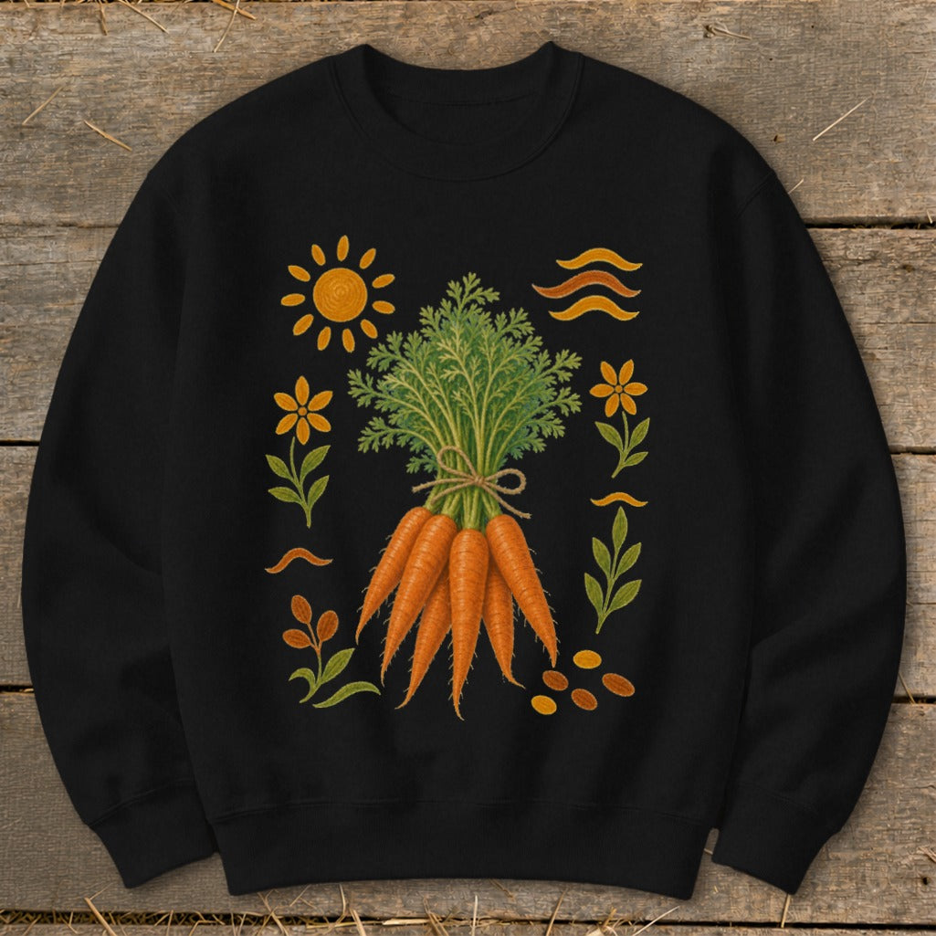 Black sweatshirt with a folk art design of carrots, sun, flowers, and wavy lines.