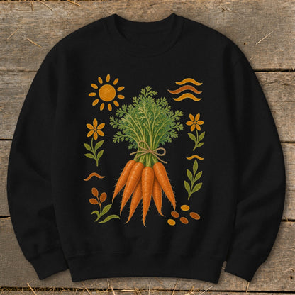 Black sweatshirt with a folk art design of carrots, sun, flowers, and wavy lines.