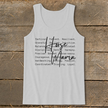 Grey tank top with "Horse Mama" text listing positive attributes for horse owners.