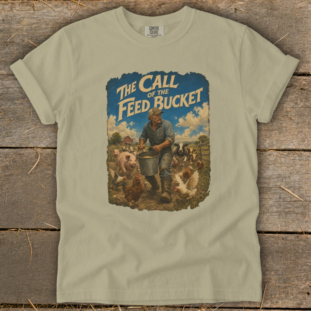 Farmer feeding animals with bucket, "The Call of the Feed Bucket" text.