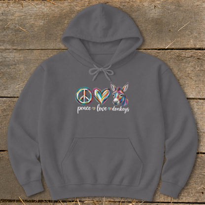 Grey hoodie with peace sign, heart, and donkey illustration with text.