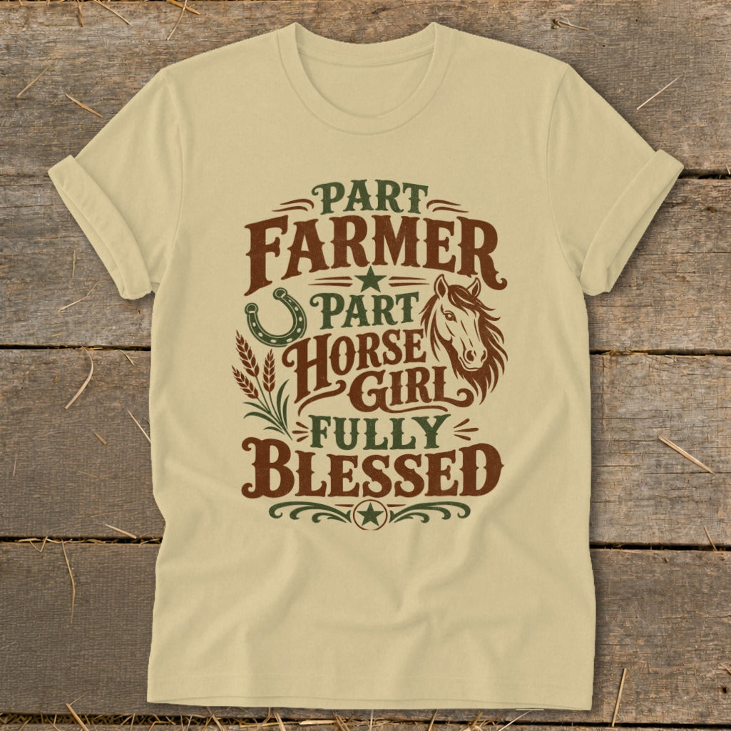 "Part Farmer, Part Horse Girl, Fully Blessed" graphic tee with horse and horseshoe.