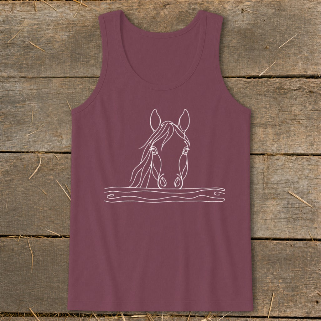 Burgundy tank top with white line art drawing of a horse's head over a wooden fence.