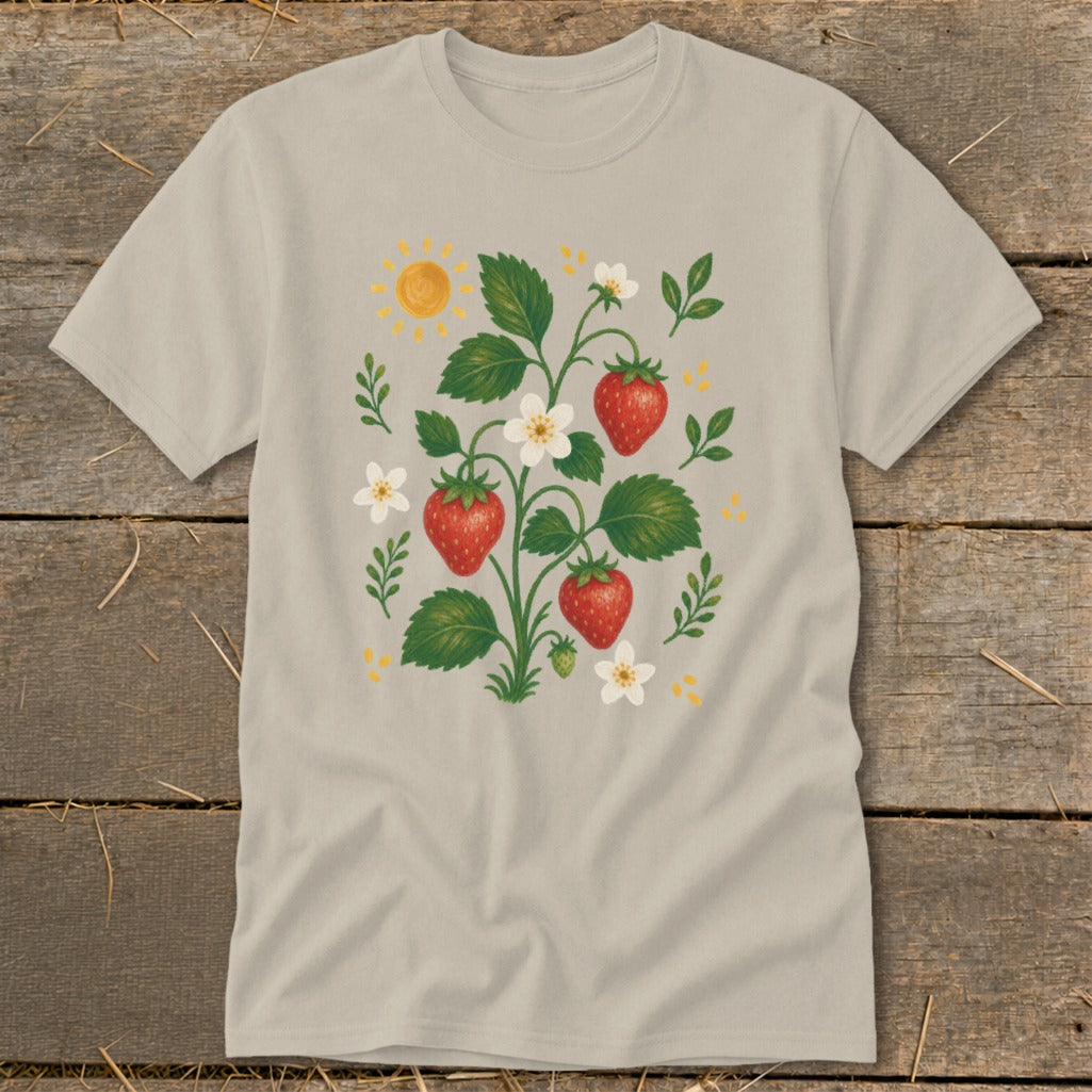 Light grey t-shirt with a printed illustration of a strawberry plant, flowers, and sun.