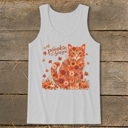 Light gray tank top with a cat made of flowers and autumn leaves, with "Pumpkin Season" text.