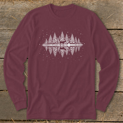Maroon long-sleeve shirt with white forest and guitar reflection graphic.