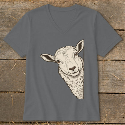 T-shirt with a peeking sheep illustration looking curiously over the edge.