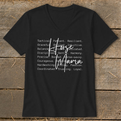 Black t-shirt with "Horse Mama" text listing positive traits.