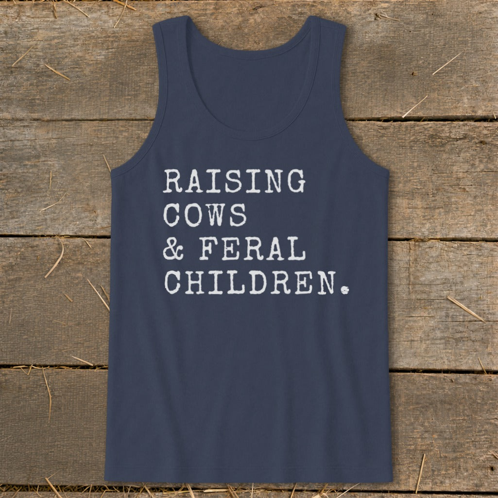 Navy tank top with white text "RAISING COWS & FERAL CHILDREN."