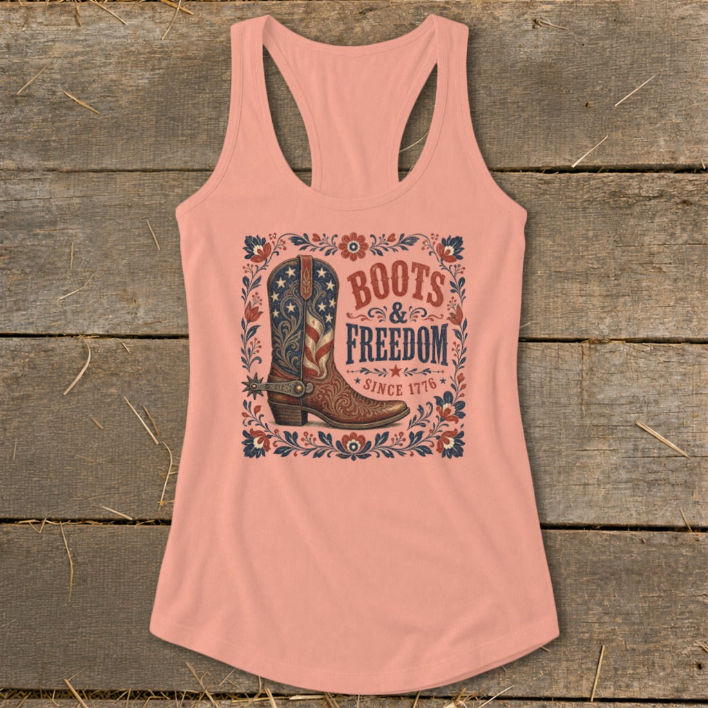 Peach tank top with "Boots & Freedom Since 1776" graphic and a cowboy boot.