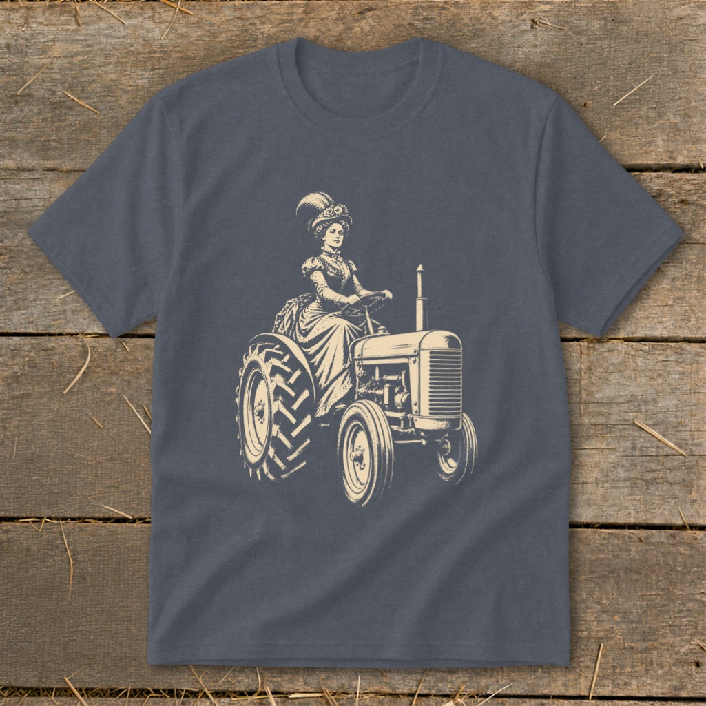 Woman in vintage dress and hat driving a tractor.