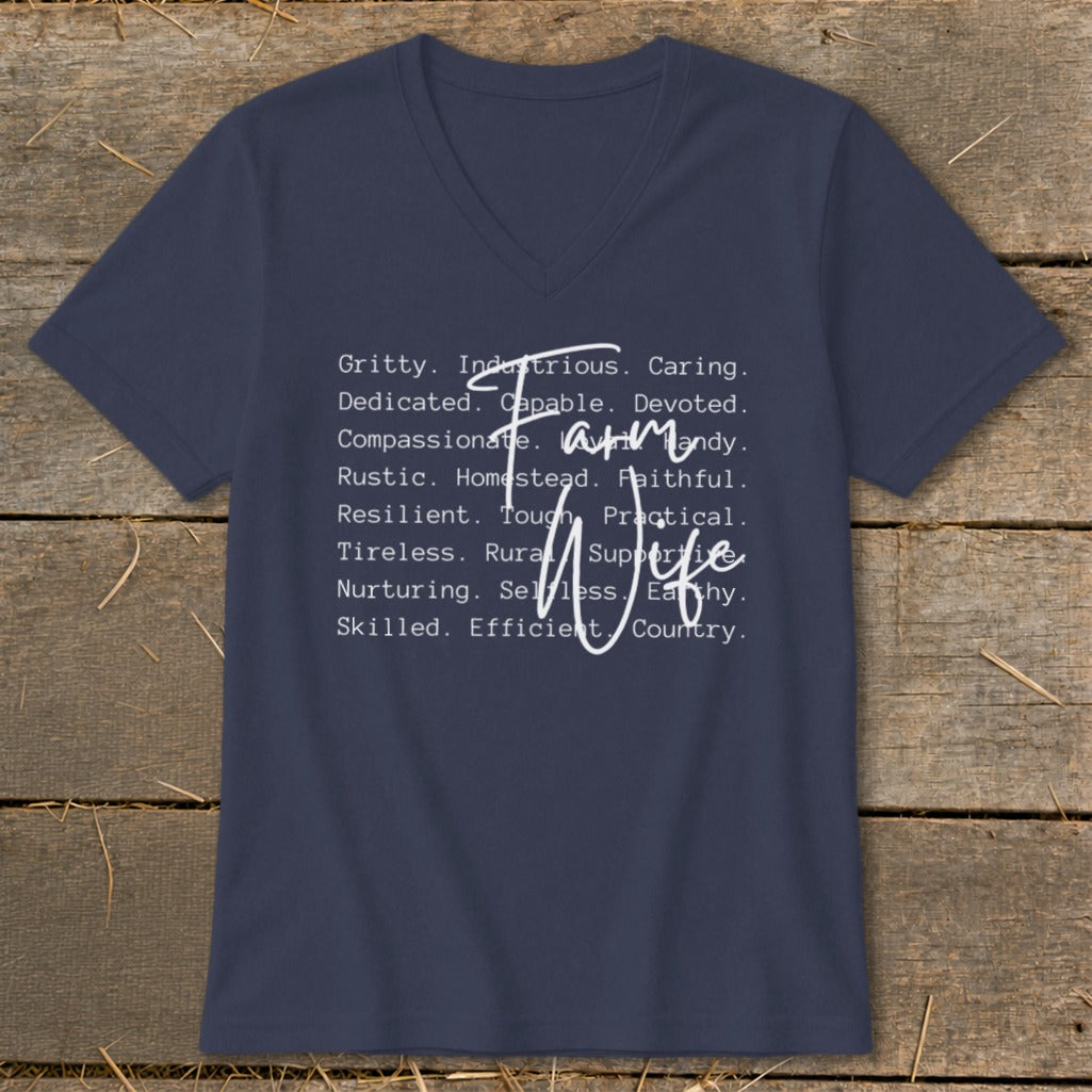Navy t-shirt with white text listing traits of a "Farm Wife".
