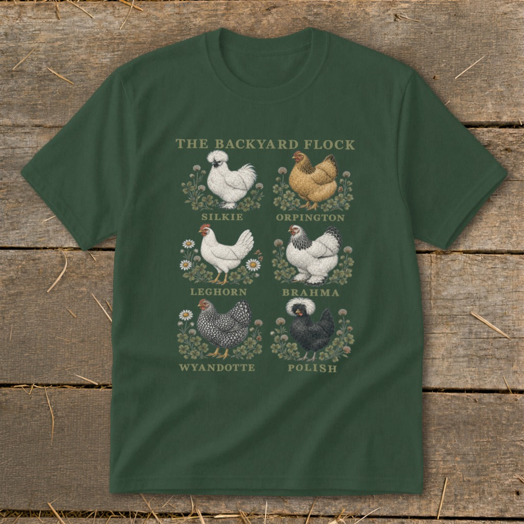 Green t-shirt with "The Backyard Flock" and illustrations of Silkie, Orpington, Leghorn, Brahma, Wyandotte, and Polish chickens.