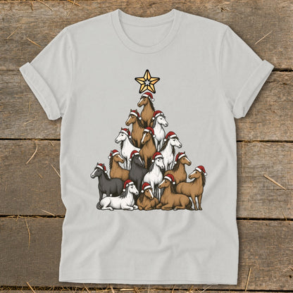 Christmas tree made of horses wearing Santa hats, topped with a star.