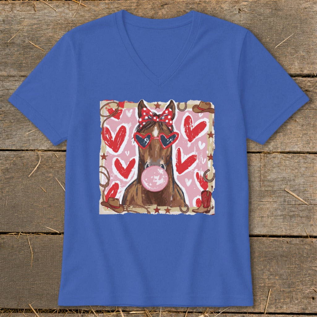 Horse with heart sunglasses and bubblegum on v-neck shirt with cowboy theme.