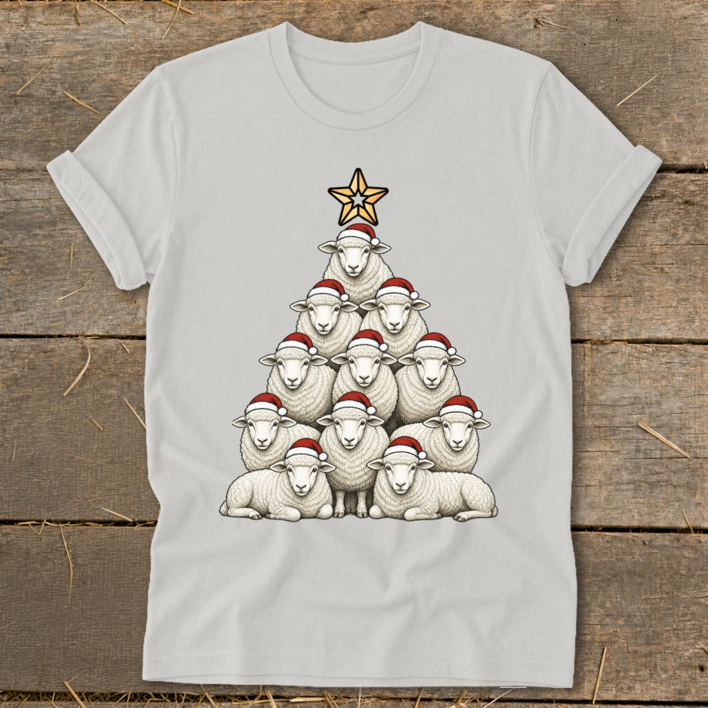 White t-shirt with sheep arranged as a Christmas tree wearing Santa hats.