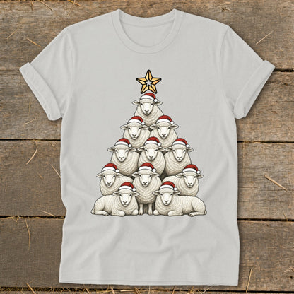 White t-shirt with sheep arranged as a Christmas tree wearing Santa hats.