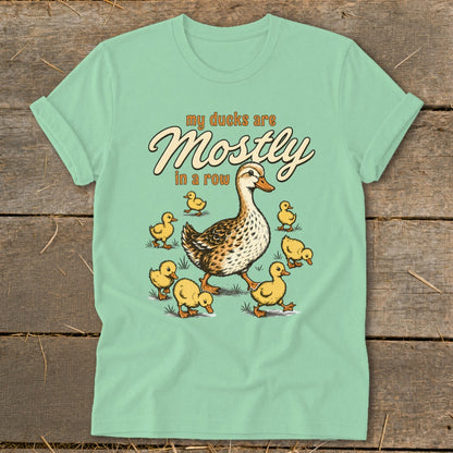 Mint t-shirt with illustration of mother duck and ducklings, text "my ducks are Mostly in a row".