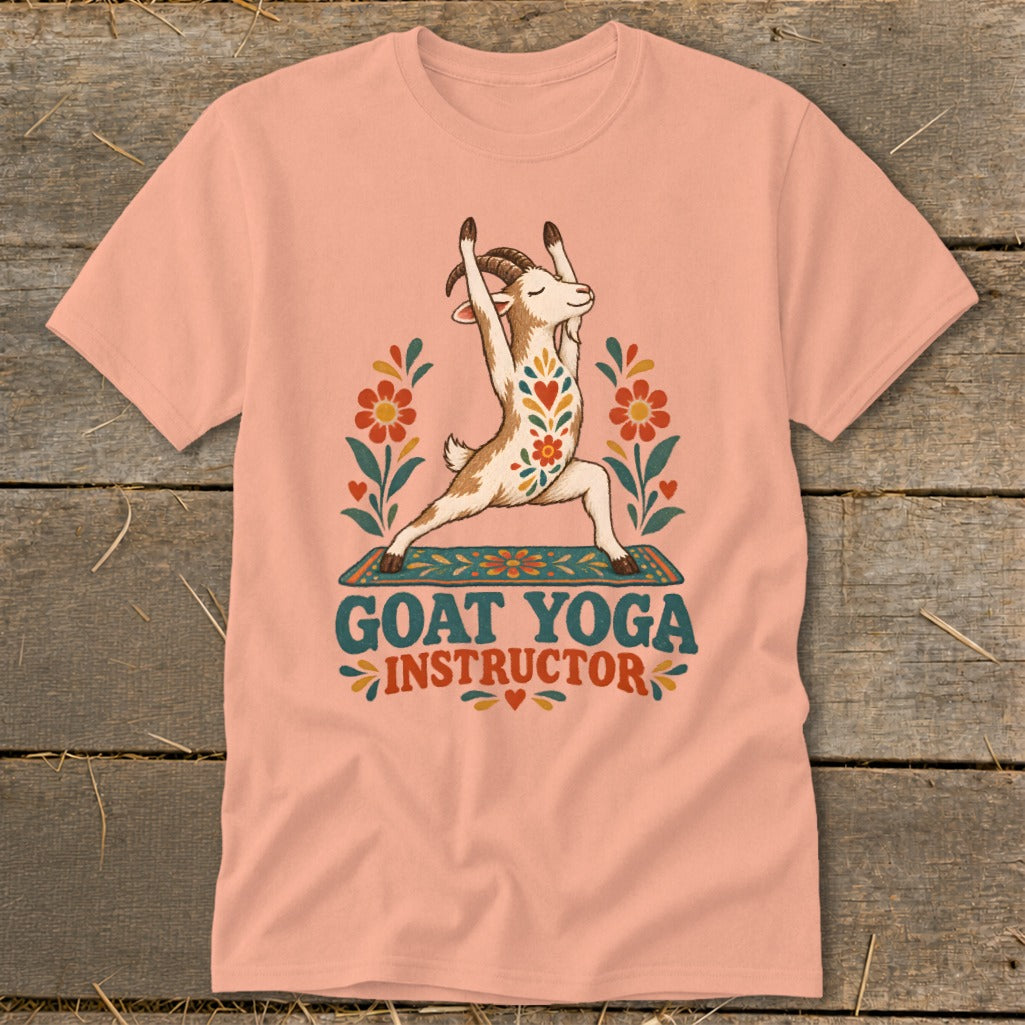 Goat in yoga pose on mat with "Goat Yoga Instructor" text and floral accents.