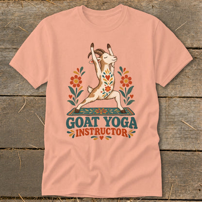 Goat in yoga pose on mat with "Goat Yoga Instructor" text and floral accents.