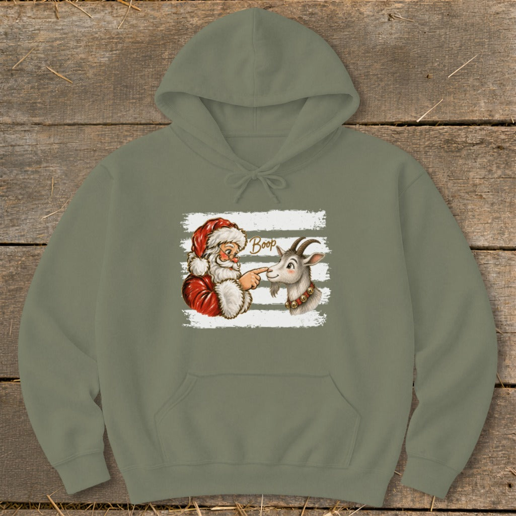 Santa Claus booping a goat with the text "Boop" on a hoodie.