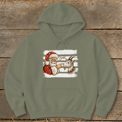 Santa Claus booping a goat with the text "Boop" on a hoodie.