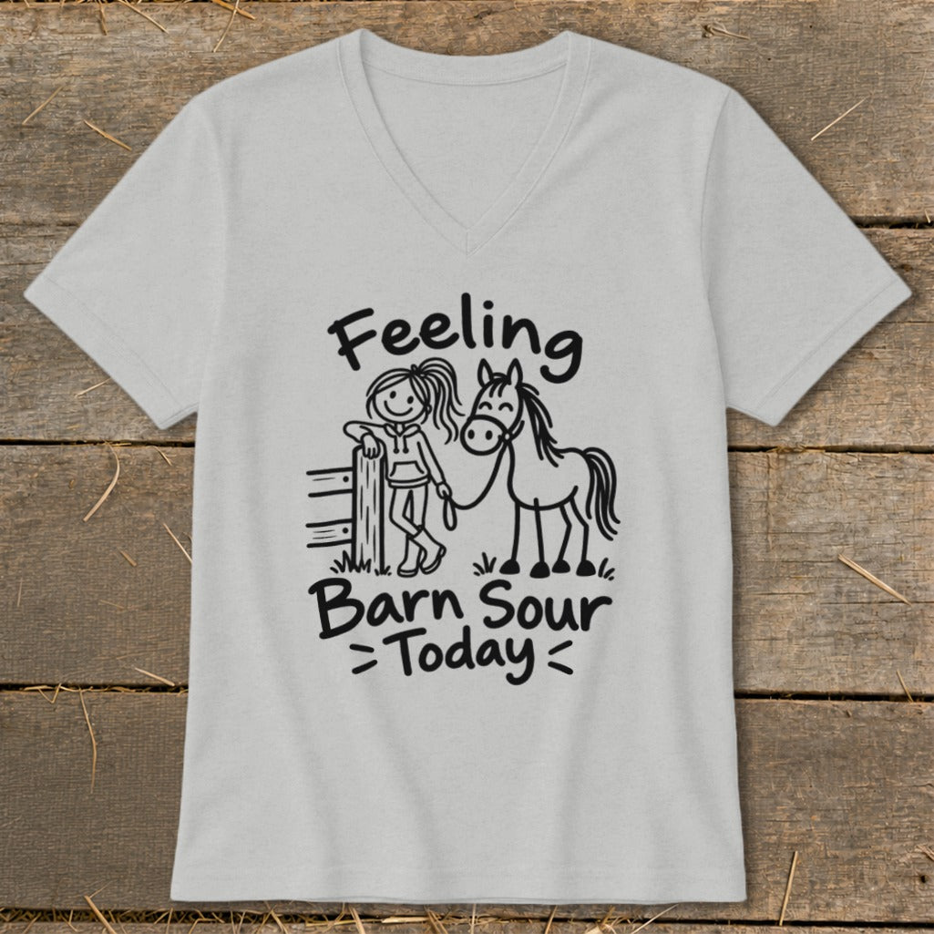 T-shirt with black graphic of a girl and horse, text reads "Feeling Barn Sour Today".