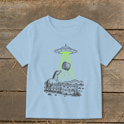 Horse watches UFO beam up a hay bale from a fenced pasture.