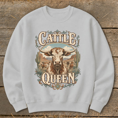 Light grey sweatshirt with "Cattle Queen" text and Texas Longhorn bull graphic.