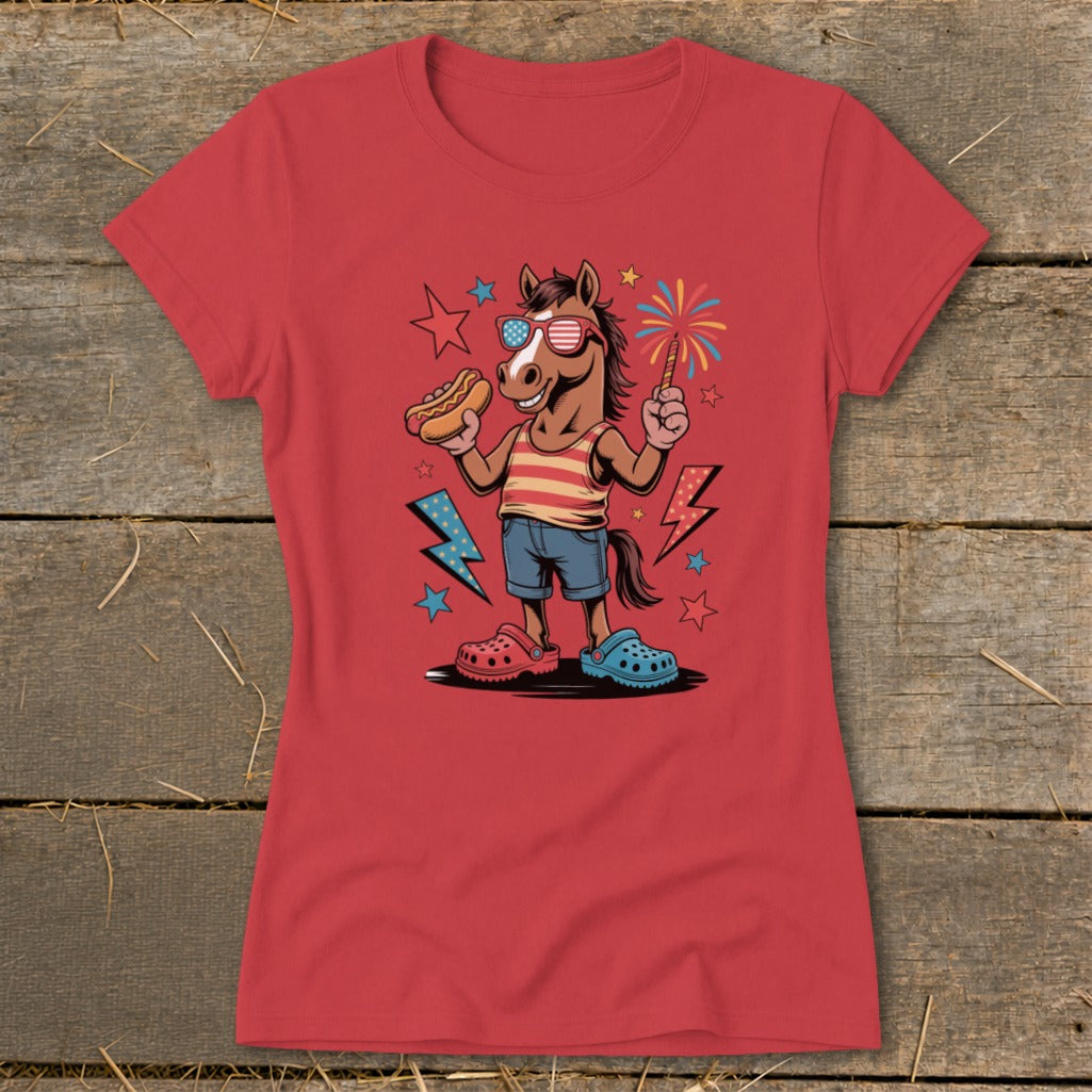 Cartoon horse wearing sunglasses and holding a hot dog and sparkler.