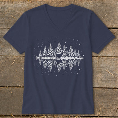 Navy v-neck t-shirt with a white graphic of trees and a reflection resembling a guitar.