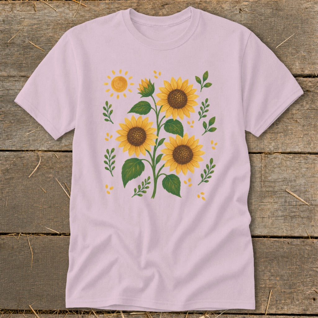 Pink t-shirt with a watercolor-style sunflower bouquet and a cheerful sun.