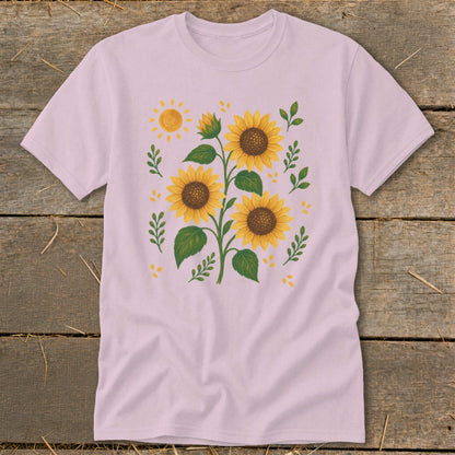 Pink t-shirt with a watercolor-style sunflower bouquet and a cheerful sun.