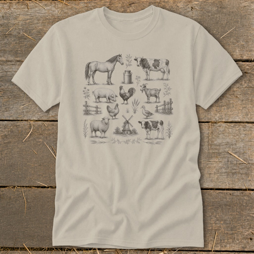 T-shirt with a detailed sketch of farm animals including horse, pig, chicken, sheep, cow, goat, and duck.