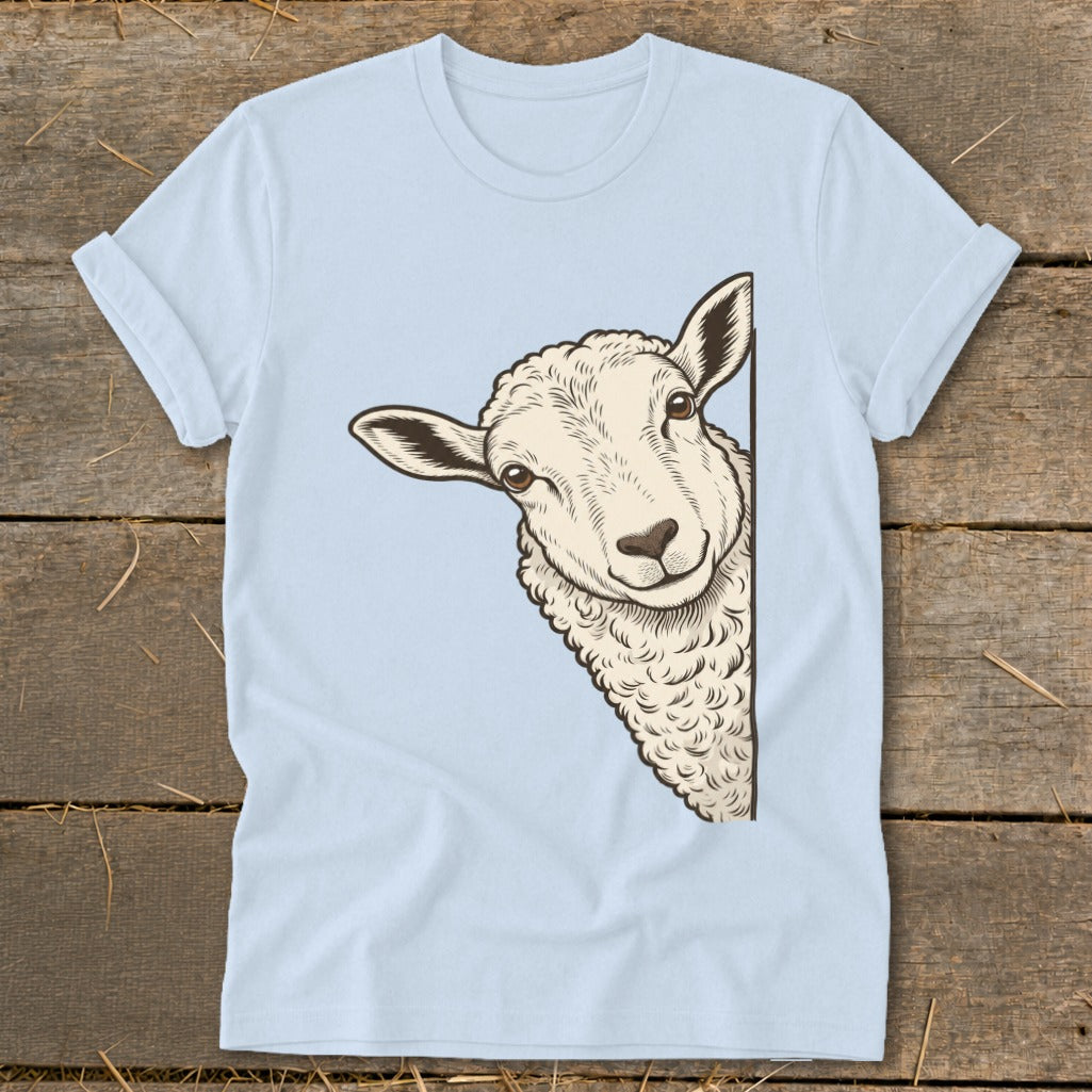 Light blue t-shirt with a drawing of a sheep peeking from the side.