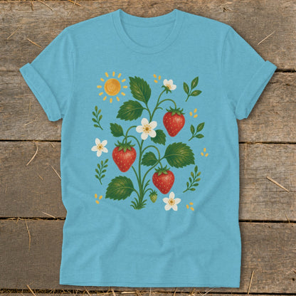 Light blue t-shirt with a vintage-style strawberry plant illustration and a smiling sun.